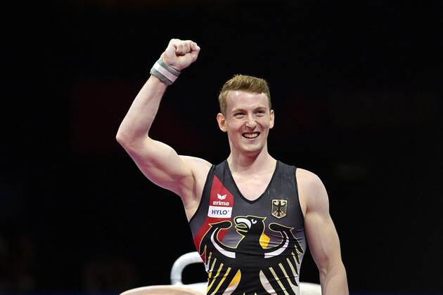21 08 2022, European Championchips Munich 2022, apparatus gymnastics final men, in the Olympiahalle Munich, Nils Dunkel Germany cheers after his performance on pommel horse, he makes the third place, bronze medal