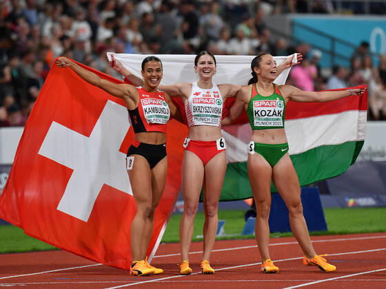 The winners KAMBUNDJI Ditaji Switzerland SKRZYSZOWSKA Pia Poland and KOZAK Luca Hungary at the 100m hurdles competition of the European Championships 2022 in Munich on 21 08 2022 Munich Olympic Stadium Bavaria Germany