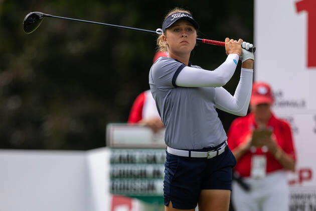OTTAWA, ON - AUGUST 26: Pauline Roussin of France tees off on the 1st hole during the second round of the CP Women™s Open on August 26, 2022, at The Ottawa Hunt and Golf Club in Ottawa, ON, Canada. (Photo by Richard A. Whittaker Icon Sportswire) GOLF: AUG 26 LPGA, Golf Damen - CP Women™s Open Icon2208261232