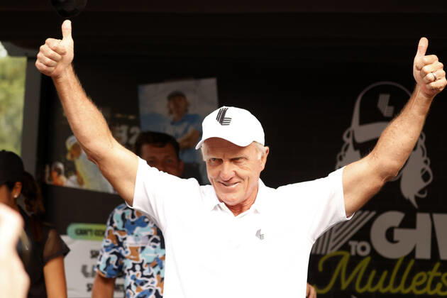SUGAR GROVE, IL - SEPTEMBER 17: Greg Norman the LIV CEO and golf commissioner as Norman reacts before getting a mullet hair cut for charity after the second round of the LIV Golf Invitational Series Chicago on September 17, 2022 at Rich Harvest Farms in Sugar Grove, Illinois. (Photo by Brian Spurlock Icon Sportswire) GOLF: SEP 17 LIV Golf Invitational Series Chicago Icon220917082