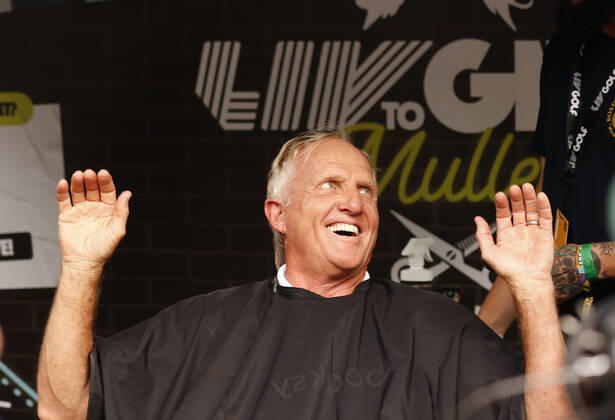 SUGAR GROVE, IL - SEPTEMBER 17: Greg Norman the LIV CEO and golf commissioner reacts while getting a mullet hair cut for charity after the second round of the LIV Golf Invitational Series Chicago on September 17, 2022 at Rich Harvest Farms in Sugar Grove, Illinois. (Photo by Brian Spurlock Icon Sportswire) GOLF: SEP 17 LIV Golf Invitational Series Chicago Icon220917100
