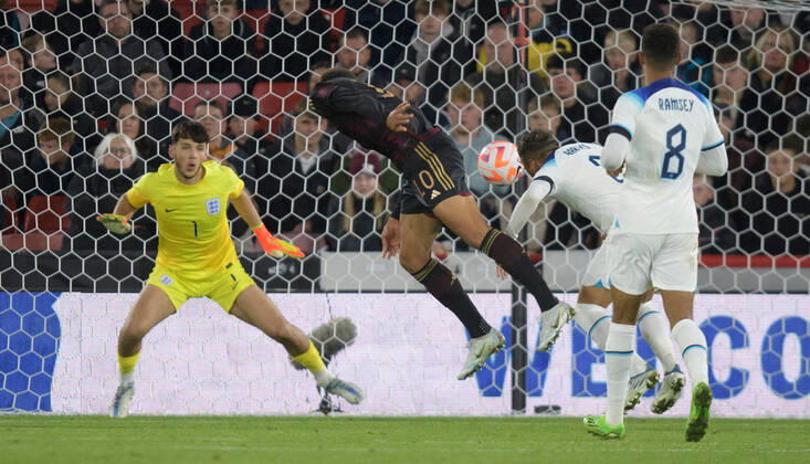 England Under 21 v Germany U21, U 21 International Friendly, Länderspiel, Nationalmannschaft Felix Nmecha of Germany U21 scores his team s 1st goal to make it 1-0 during the International Friendly match at Bramall Lane, Sheffield Content Not Available For UK Newspapers Copyright: xRussellxHartx FIL-17393-0004 UK Newspapers OUT