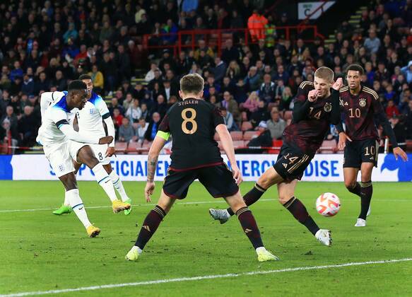 Mandatory Credit: Photo by Matt West Shutterstock (13423132m) Folarin Balogun of England scores a goal to make it 1-1 England U21, U 21 v Germany U21, Friendly, International Football, Bramall Lane, Sheffield, UK - 27 Sep 2022 EDITORIAL USE ONLY No use with unauthorised audio, video, data, fixture lists, club league logos or live services. Online in-match use limited to 120 images, no video emulation. No use in betting, games or single club league player publications. England U21 v Germany U21, Friendly, International Football, Bramall Lane, Sheffield, UK - 27 Sep 2022 EDITORIAL USE ONLY No use with unauthorised audio, video, data, fixture lists, club league logos or live services. Online in-match use limited to 120 images, no video emulation. No use in betting, games or single club league player publications. Copyright: xMattxWest Shutterstockx 13423132m