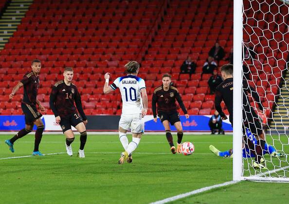 Mandatory Credit: Photo by Matt West Shutterstock (13423132p) Conor Gallagher of England scores a goal to make it 2-1 England U21, U 21 v Germany U21, Friendly, International Football, Bramall Lane, Sheffield, UK - 27 Sep 2022 EDITORIAL USE ONLY No use with unauthorised audio, video, data, fixture lists, club league logos or live services. Online in-match use limited to 120 images, no video emulation. No use in betting, games or single club league player publications. England U21 v Germany U21, Friendly, International Football, Bramall Lane, Sheffield, UK - 27 Sep 2022 EDITORIAL USE ONLY No use with unauthorised audio, video, data, fixture lists, club league logos or live services. Online in-match use limited to 120 images, no video emulation. No use in betting, games or single club league player publications. Copyright: xMattxWest Shutterstockx 13423132p