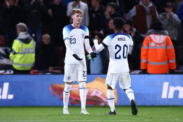 Mandatory Credit: Photo by Kieran Riley JMP Shutterstock (13424664m) Cole Palmer of England U21, U 21 celebrates with Angel Gomes of England U21 after scoring a goal to make it 3-1 England U21 v Germany U21, UK - 27 Sep 2022 Editorial use only England U21 v Germany U21, UK - 27 Sep 2022 Editorial use only  Copyright: xKieranxRiley JMP Shutterstockx 13424664m