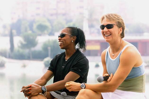 Sevilla 990824 Athletics WC 1999 Bade Gail Devers and Ludmila Engquist came to the Nike press conference in sunglasses Sevilla ESP Athletics x1001x  Copyright: xJanxCollsiööx