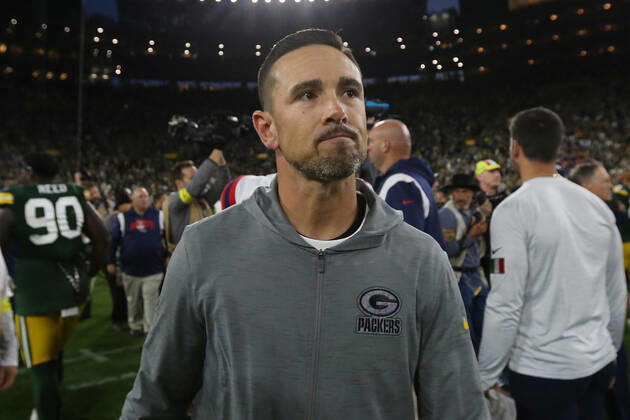 GREEN BAY, WI - OCTOBER 02: Green Bay Packers head coach Matt LaFleur following a game between the Green Bay Packers and the New England Patriots at Lambeau Field on October 2, 2022 in Green Bay, WI. (Photo by Larry Radloff Icon Sportswire) NFL, American Football Herren, USA OCT 02 Patriots at Packers Icon2210024516