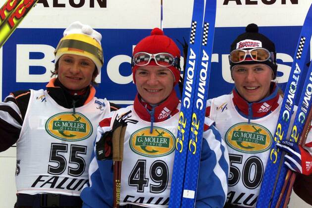 FALUN 13 MAR 1999 Swedish Skiing Games, womens 15 km winner Larissa Lasutina, 2nd Svetlana Nageykina, 3rd Natalia Baranova, all Russia Photo Jan Collsiöö Code 1001 COPYRIGHT SCANPIX SWEDEN FALUN SWE SWEDEN Skis x1001x  Copyright: xJanxCollsiööx SKIDOR VC FALUN 1999