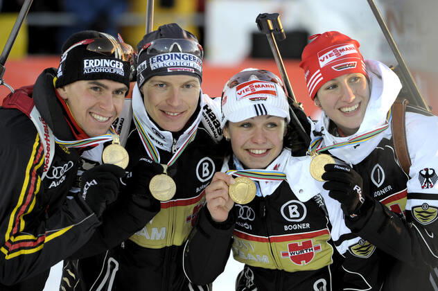ÖSTERSUND 20080212 IBU WORLD CHAMPIONSHIPS BIATHLON ÖSTERSUND mixed relay German team Michael Greis, Andreas Birnbacher, Magdalena Neuner and Sabrina Buccholz took the gold medal ÖSTERSUND SWEDEN x10010x  Copyright: xJANERIKxHENRIKSSONx xTTx SKIDSKYTTE-VM 2008 ÖSTERSUND