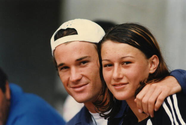 Spanish tennis player Carlos Moya and his girlfriend Raluka Sandu, 1997 
