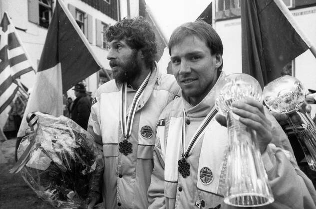 Oberstdorf 1987 02 21 World Ski Championships 1987 Two boys from Austria Thomas Wassberg, silver medallist and Torgny Mogren, bronze medallist on 50 kilometres freestyle Oberstdorf West Germany x28x  Copyright: xSörenxKarlson Expressen TTx SKID-VM 1987 WASSBERG-MOGREN