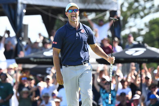 GOLF AUSTRALIAN PGA, Golf Herren Adam Scott reacts after a birdie on the 17th, during Day 2 of the 2022 Fortinet Australian PGA Championship at the Royal Queensland Golf Club in Brisbane, Friday, November 25, 2022. ( NO ARCHIVING, EDITORIAL USE ONLY, NO USE IN BOOKS WITHOUT CONSENT BRISBANE QUEENSLAND AUSTRALIA  Copyright: xJONOxSEARLEx 20221125001734908580