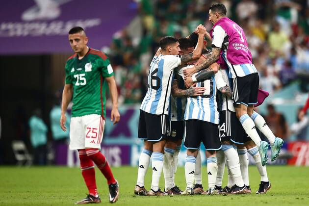 Mandatory Credit: Photo by Michael Zemanek Shutterstock (13634795cm) Lionel Messi of Argentina celebrates with team mates at full time Argentina v Mexico, FIFA World Cup, WM, Weltmeisterschaft, Fussball 2022, Group C, Football, Lusail Stadium, Al Daayen, Qatar - 26 Nov 2022 Editorial Use Only Argentina v Mexico, FIFA World Cup 2022, Group C, Football, Lusail Stadium, Al Daayen, Qatar - 26 Nov 2022 Editorial Use Only Copyright: xMichaelxZemanek Shutterstockx 13634795cm