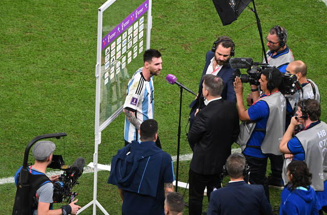 Football, Men, 2022 23 season, World Cup in Qatar, Group C 2 match day , Argentina Mexico at Lusail Iconic Stadium in Lusail, Lionel Messi Argentina interviewed after the match, 26 11 2022, Copyright: xMatthiasxKochx