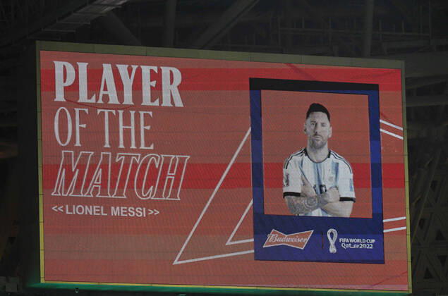 Football, Men, 2022 23 season, World Cup in Qatar, Group C 2 matchday , Argentina Mexico at Lusail Iconic Stadium in Lusail, scoreboard with player of the match Lionel Messi Argentina , 26 11 2022, Copyright: xMatthiasxKochx