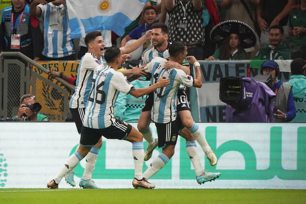 Football , FIFA World Cup 2022, Football World Cup Qatar 2022, GroupPhase, Group C , Argentina Mexico, 26 11 2022 , Luseil Stadium, Doha Qatar, Lionel Messi Argentina, Goal celebration photo Chai von der Laage FIFA regulations prohibit any use of photographs as image sequences and or quasi video EDITORIAL USE ONLY,
