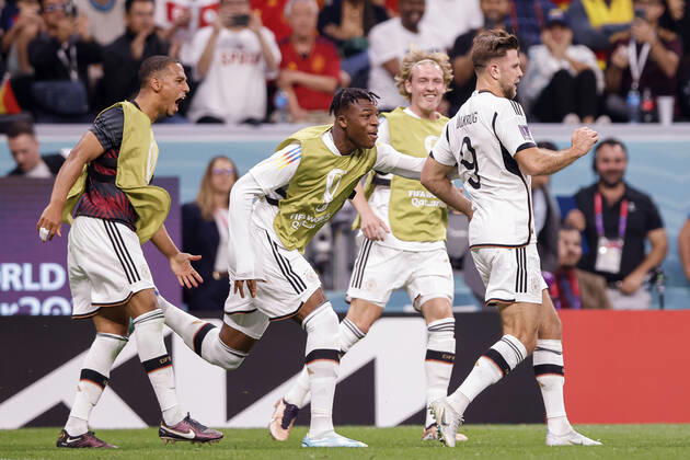 spain vs germany AL-KHOR, AK - 27.11.2022: SPAIN VS GERMANY - FUELLKRUG Niclas of Germany celebrates after scoring a goal during a match between Spain and Germany, valid for the group stage of the World Cup, held at Al Bayt Stadium in Al-Khor, Qatar. (Photo: Marcelo Machado de Melo Fotoarena) x2300469x MarceloxMachadoxdexMelo