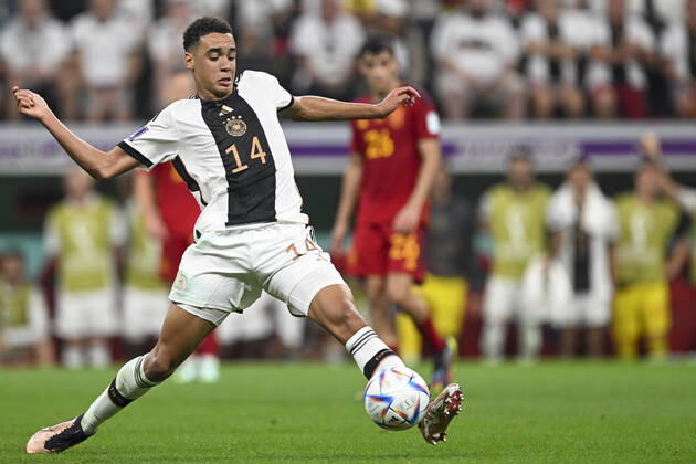 spain vs germany AL-KHOR, AK - 27.11.2022: SPAIN VS GERMANY - Jamal Musiala of Germany during a match between Spain and Germany, valid for the group stage of the World Cup, held at Al Bayt Stadium in Al-Khor, Qatar. (Photo: Richard Callis Fotoarena) x2300486x RichardxCallis