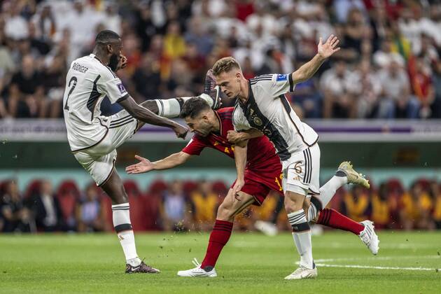 spain vs germany AL-KHOR, AK - 27.11.2022: SPAIN VS GERMANY - Antonio Rüdiger and Joshua Kimmich of Germany and Jordi Alba of Spain during a match between Spain and Germany, valid for the group stage of the World Cup, held at Al Bayt Stadium in Al-Khor, Qatar. (Photo: Richard Callis Fotoarena) x2300493x RichardxCallis