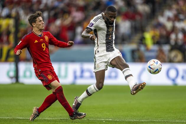 spain vs germany AL-KHOR, AK - 27.11.2022: SPAIN VS GERMANY - Antonio Rüdiger of Germany and Gavi of Spain during a match between Spain and Germany, valid for the group stage of the World Cup, held at Al Bayt Stadium in Al-Khor, Qatar. (Photo: Richard Callis Fotoarena) x2300495x RichardxCallis