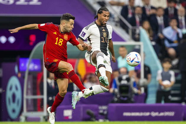 spain vs germany AL-KHOR, AK - 27.11.2022: SPAIN VS GERMANY - Serge Gnabry of Germany and Jordi Alba of Spain during a match between Spain and Germany, valid for the group stage of the World Cup, held at Al Bayt Stadium in Al-Khor, Qatar. (Photo: Richard Callis Fotoarena) x2300496x RichardxCallis