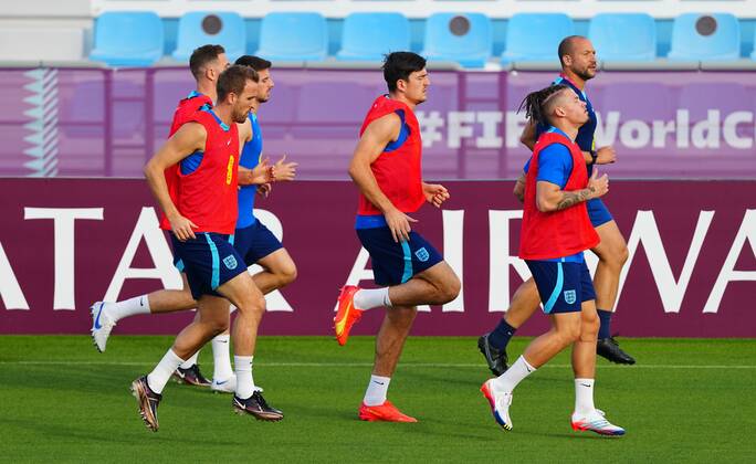 Mandatory Credit: Photo by Javier Garcia Shutterstock (13643375aw) Harry Kane, Harry Maguire and Kalvin Phillips of England during training England Training, FIFA World Cup, WM, Weltmeisterschaft, Fussball 2022, Football, Al Wakrah Sports Complex, Al Wakrah, Qatar - 01 Dec 2022 Editorial Use Only England Training, FIFA World Cup 2022, Football, Al Wakrah Sports Complex, Al Wakrah, Qatar - 01 Dec 2022 Editorial Use Only Copyright: xJavierxGarcia Shutterstockx 13643375aw