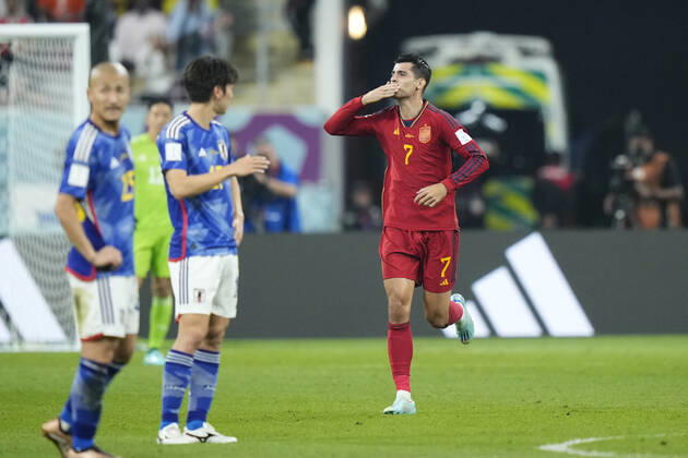 Japan v Spain: Group E - FIFA World Cup, WM, Weltmeisterschaft, Fussball Qatar 2022 Alvaro Morata centre-forward of Spain and Atletico de Madrid celebrates after scoring his sides first goal during the FIFA World Cup Qatar 2022 Group E match between Japan and Spain at Khalifa International Stadium on December 1, 2022 in Doha, Qatar. Doha Qatar  Copyright: xJosexBretonx originalFilename:breton-japanvsp221201_np5qy.jpg