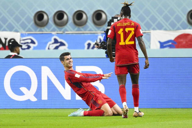 joie des joueurs de l Espagne apres le but de MORATA Alvaro (ESP) FOOTBALL : Japon vs Espagne - Groupe E - coupe du Monde Qatar 2022 - 01 12 2022 JBAutissier Panoramic 