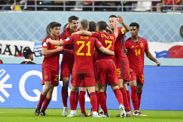 joie des joueurs de l Espagne apres le but de MORATA Alvaro (ESP) FOOTBALL : Japon vs Espagne - Groupe E - coupe du Monde Qatar 2022 - 01 12 2022 JBAutissier Panoramic 