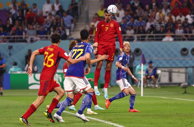 Doha, Qatar, 1st December 2022. Alvaro Morata of Spain scoring the first goal during the FIFA World Cup, WM, Weltmeisterschaft, Fussball 2022 match at Khalifa International Stadium, Doha. Picture credit should read: David Klein Sportimage EDITORIAL USE ONLY. No use with unauthorised audio, video, data, fixture lists, club league logos or live services. Online in-match use limited to 120 images, no video emulation. No use in betting, games or single club league player publications. SPI-2077-0018