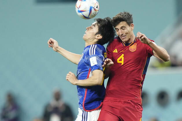 Japan v Spain: Group E - FIFA World Cup, WM, Weltmeisterschaft, Fussball Qatar 2022 Ao Tanaka Central Midfield of Japan and Fortuna Dusseldorf and Pau Torres centre-back of Spain and Villarreal CF compete for the ball during the FIFA World Cup Qatar 2022 Group E match between Japan and Spain at Khalifa International Stadium on December 1, 2022 in Doha, Qatar. Doha Qatar  Copyright: xJosexBretonx originalFilename:breton-japanvsp221201_np1B4.jpg