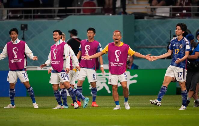 Mandatory Credit: Photo by Dave Shopland Shutterstock (13640378az) Ao Tanaka of Japan thinks his goal 2-1 is ruled out before its awarded and he can celebrate Japan v Spain, FIFA World Cup, WM, Weltmeisterschaft, Fussball 2022, Group E, Football, Khalifa International Stadium, Ar-Rayyan, Qatar - 01 Dec 2022 Editorial Use Only Japan v Spain, FIFA World Cup 2022, Group E, Football, Khalifa International Stadium, Ar-Rayyan, Qatar - 01 Dec 2022 Editorial Use Only  Copyright: xDavexShopland Shutterstockx 13640378az