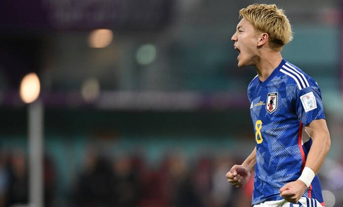 Russia Soccer World Cup Japan - Spain 8329424 01.12.2022 Japan s Ritsu Doan celebrates the team s goal during the Qatar 2022 World Cup Group E soccer match between Japan and Spain, in Doha, Qatar. Grigory Sysoev Sputnik Doha Qatar  Copyright: xGrigoryxSysoevx