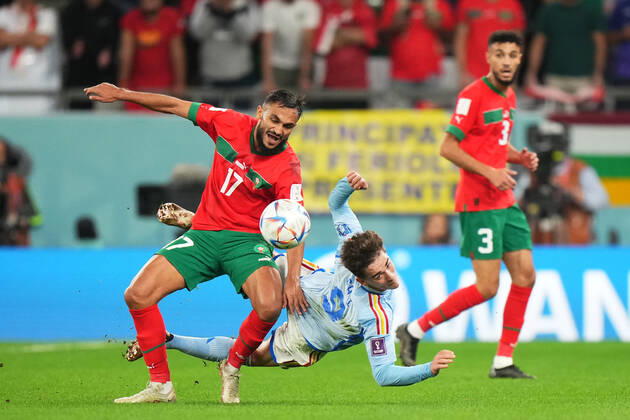 QAT: Spain v Germany. FIFA World Cup, WM, Weltmeisterschaft, Fussball Qatar 2022 Pablo Martin Gavi of Spain and Sofiane Boufal of Morocco during the FIFA World Cup Qatar 2022 match, Group E, between Spain and Germany played at Al Bayt Stadium on Nov 27, 2022 in Al Khor, Qatar. Copyright: xBaguxBlancox xPRESSINx WC_221206_021