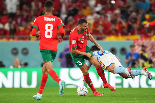 QAT: Spain v Germany. FIFA World Cup, WM, Weltmeisterschaft, Fussball Qatar 2022 Romain Sais of Morocco and Marco Asensio of Spain during the FIFA World Cup Qatar 2022 match, Group E, between Spain and Germany played at Al Bayt Stadium on Nov 27, 2022 in Al Khor, Qatar. Copyright: xBaguxBlancox xPRESSINx WC_221206_032