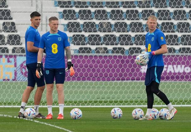 Mandatory Credit: Photo by Dave Shopland Shutterstock (13652017f) England goalkeepers l to r Goalkeepers Nick Pope Jordan Pickford and Goalkeeper Aaron Ramsdale England Training and press conference, PK, Pressekonferenz FIFA World Cup, WM, Weltmeisterschaft, Fussball 2022, Football, Al Wakrah Sports Complex, Al Wakrah, Qatar - 07 Dec 2022 Editorial Use Only England Training and Press Conference, FIFA World Cup 2022, Football, Al Wakrah Sports Complex, Al Wakrah, Qatar - 07 Dec 2022 Editorial Use Only Copyright: xDavexShopland Shutterstockx 13652017f