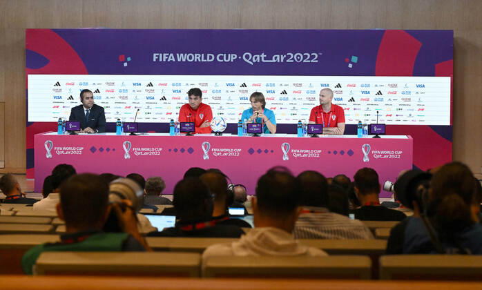 Football, men, 2022 23 season, World Cup in Qatar, Doha, press conference in the media center at Qatar National Convention Centre QNCC , in the center v l coach Zlatko Dalic Croatia , Luka Modric No 10, Croatia , 08 12 2022, Copyright: xMatthiasxKochx