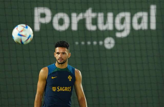 Mandatory Credit: Photo by Javier Garcia Shutterstock (13655708aa) Goncalo Ramos of Portugal during training Portugal Training, FIFA World Cup, WM, Weltmeisterschaft, Fussball 2022, Football, Al Shahaniya SC Training Site, Al Shahaniya, Qatar - 08 Dec 2022 Editorial Use Only Portugal Training, FIFA World Cup 2022, Football, Al Shahaniya SC Training Site, Al Shahaniya, Qatar - 08 Dec 2022 Editorial Use Only Copyright: xJavierxGarcia Shutterstockx 13655708aa