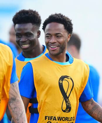 Mandatory Credit: Photo by Javier Garcia Shutterstock (13658575r) Raheem Sterling and Bukayo Saka of England England Training and press conference, PK, Pressekonferenz FIFA World Cup, WM, Weltmeisterschaft, Fussball 2022, Football, Al Wakrah Sports Complex, Al Wakrah, Qatar - 09 Dec 2022 Editorial Use Only England Training and Press Conference, FIFA World Cup 2022, Football, Al Wakrah Sports Complex, Al Wakrah, Qatar - 09 Dec 2022 Editorial Use Only  Copyright: xJavierxGarcia Shutterstockx 13658575r