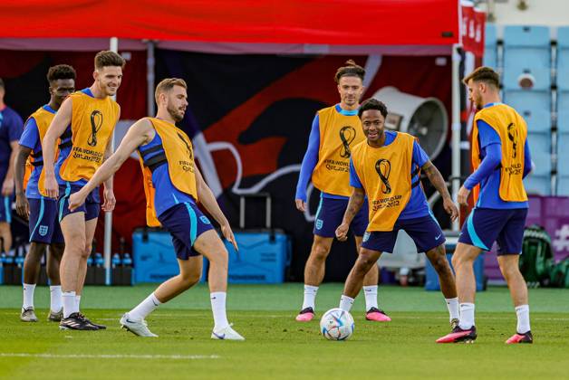 England 2022 FIFA World Cup, WM, Weltmeisterschaft, Fussball Training Session Raheem Sterling during the England national team, Nationalteam training session ahead of the 2022 FIFA World Cup quarter final against France, at Al Wakra Stadium, Al Wakra, Qatar on 9 December 2022. Editorial use only , Copyright: xNigelxKeenex PSI-16548-0025