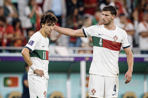 morocco vs portugal DOHA, CA - 10.12.2022: MOROCCO VS PORTUGAL - RUBEN DIAS from Portugal consoles JOAO FELIX from Portugal after the match between Morocco and Portugal, valid for the quarterfinals of the World Cup, held at the Al Thumama Stadium in Doha, Qatar. (Photo: Marcelo Machado de Melo Fotoarena) x2308627x  MarceloxMachadoxdexMelo