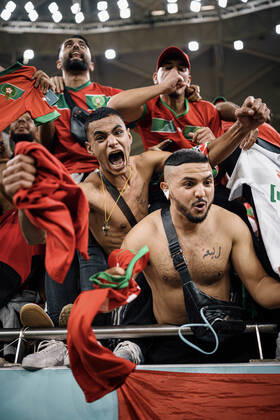 morocco vs portugal DOHA, CA - 10.12.2022: MOROCCO VS PORTUGAL - Moroccan fans celebrate ranking after the match between Morocco and Portugal, valid for the quarterfinals of the World Cup, held at Al Thumama Stadium in Doha, Qatar. (Photo: Marcelo Machado de Melo Fotoarena) x2308631x  MarceloxMachadoxdexMelo