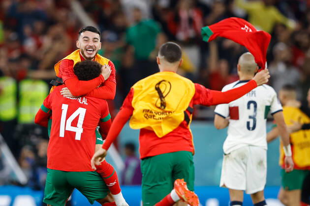 morocco vs portugal DOHA, CA - 10.12.2022: MOROCCO VS PORTUGAL - ABOUKHLAL Zakaria of Morocco celebrates the ranking during the match between Morocco and Portugal, valid for the quarterfinals of the World Cup, held at the Al Thumama Stadium in Doha, Qatar. (Photo: Rodolfo Buhrer La Imagem Fotoarena) x2308655x  RodolfoxBuhrer