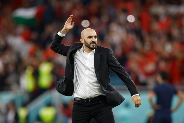 morocco vs portugal DOHA, CA - 10.12.2022: MOROCCO VS PORTUGAL - Coach REGRAGUI Walid from Morocco celebrates ranking during the match between Morocco and Portugal, valid for the quarterfinals of the World Cup, held at the Al Thumama Stadium in Doha, Qatar. (Photo: Rodolfo Buhrer La Imagem Fotoarena) x2308662x  RodolfoxBuhrer