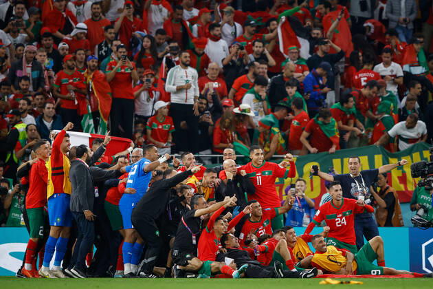 morocco vs portugal DOHA, CA - 10.12.2022: MOROCCO VS PORTUGAL - Players from Morocco celebrate ranking during the match between Morocco and Portugal, valid for the quarterfinals of the World Cup, held at the Al Thumama Stadium in Doha, Qatar. (Photo: Rodolfo Buhrer La Imagem Fotoarena) x2308664x  RodolfoxBuhrer
