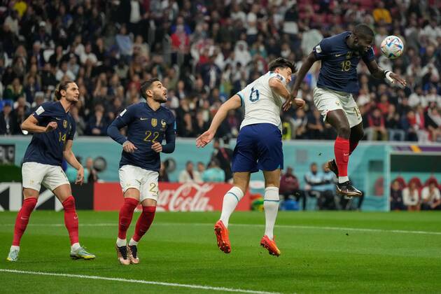 Mandatory Credit: Photo by Dave Shopland Shutterstock (13655765as) Dayot Upamecano of France wins a header over Harry Maguire of England England v France, FIFA World Cup, WM, Weltmeisterschaft, Fussball 2022, Quarter Final, Football, Al Bayt Stadium, Al Khor, Qatar - 10 Dec 2022 Editorial Use Only England v France, FIFA World Cup 2022, Quarter Final, Football, Al Bayt Stadium, Al Khor, Qatar - 10 Dec 2022 Editorial Use Only Copyright: xDavexShopland Shutterstockx 13655765as