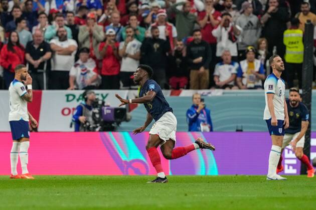 Mandatory Credit: Photo by Dave Shopland Shutterstock (13655765ay) Aurelien Tchouameni of France celebrates scoring the opening goal England v France, FIFA World Cup, WM, Weltmeisterschaft, Fussball 2022, Quarter Final, Football, Al Bayt Stadium, Al Khor, Qatar - 10 Dec 2022 Editorial Use Only England v France, FIFA World Cup 2022, Quarter Final, Football, Al Bayt Stadium, Al Khor, Qatar - 10 Dec 2022 Editorial Use Only Copyright: xDavexShopland Shutterstockx 13655765ay