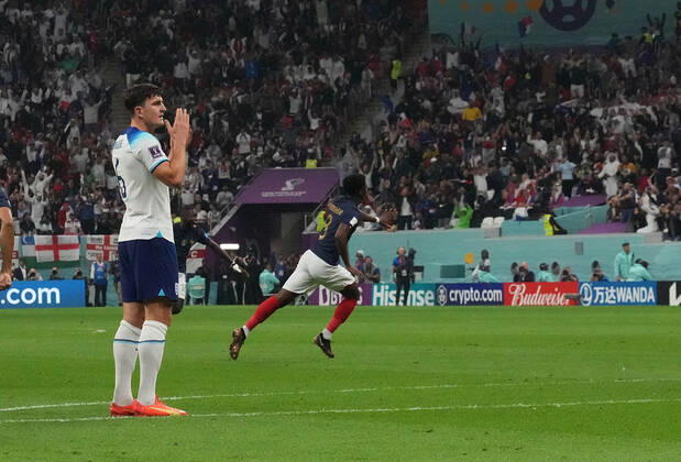 QAT, World Cup FIFA 2022, Quarterfinal, England vs France 10 12 2022, Al Bayt Stadium, Doha, QAT, World Cup FIFA 2022, Quarterfinal, England vs France, pictured France s midfielder Aurelien Tchouameni is happy about the goal to 0 1 nordphotoxGmbHx xBratic nph00250