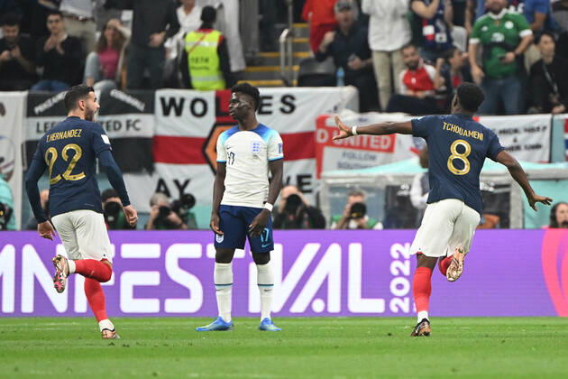 Football, men, 2022 23 season, Qatar World Cup, quarterfinals, England France at Al Bayt Stadium in Al Khor, Theo Hernandez France, 22 , left and Aurelien Tchouameni France, 8 , right goal celebration, cheering after scoring 0 1 Bukayo Saka England, 17 , center is disappointed, dissatisfied, dejected , 10 12 2022, Copyright: xMatthiasxKochx