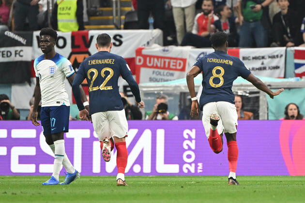 Football, mens, 2022 23 season, Qatar World Cup, quarterfinals, England France at Al Bayt Stadium in Al Khor, Bukayo Saka England, 17 is unhappy Theo Hernandez France, 22 and Aurelien Tchouameni France, 8 goal celebration, cheering after scoring 0 1 , 10 12 2022, Copyright: xMatthiasxKochx